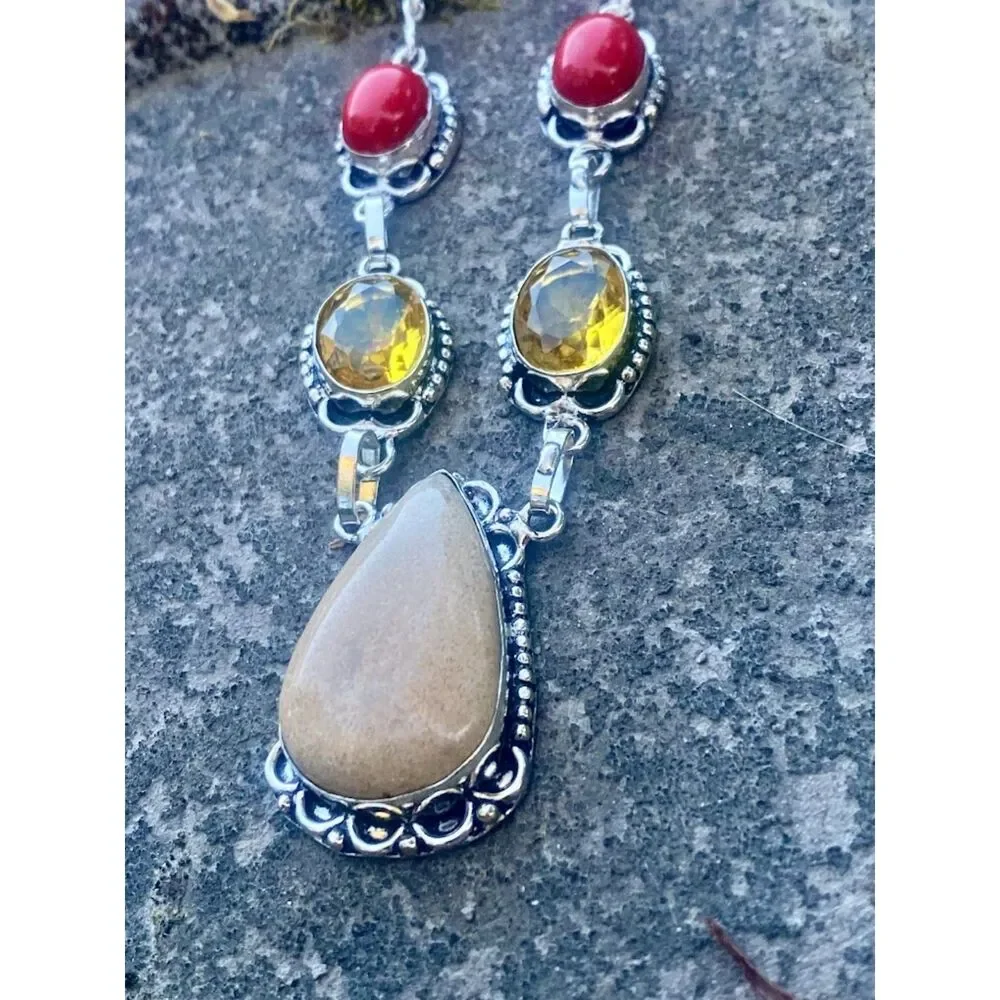 Earthy southwestern boho artisan made jasper coral citrine necklace